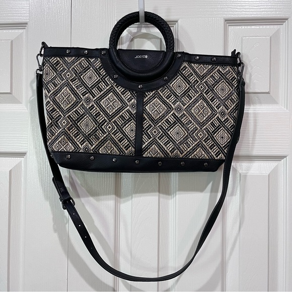 Joes Jeans Shoulder Tote Bag Woven Pattern Purse Black Tan - Picture 1 of 12